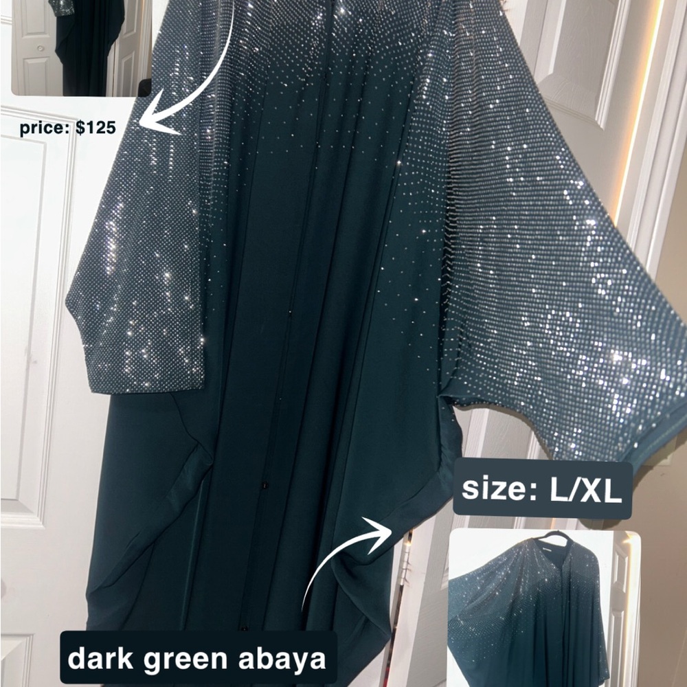 Elegant Dark Green Abaya with Silver Accents - Picture 1 of 1